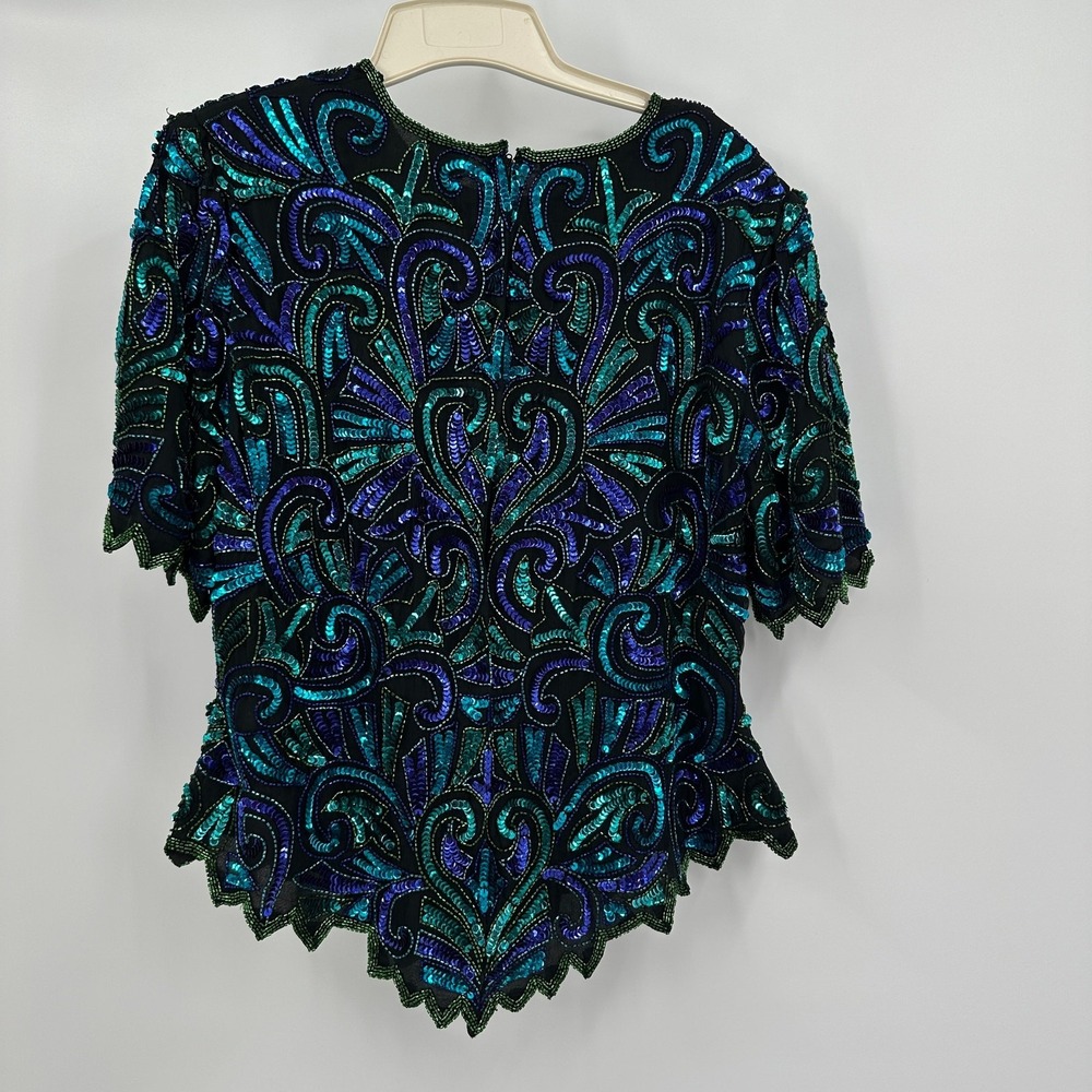 Womens Vintage Silk Beaded Top Size XL Mermaid Peacock Art Deco Maximalist Glam - Picture 2 of 8